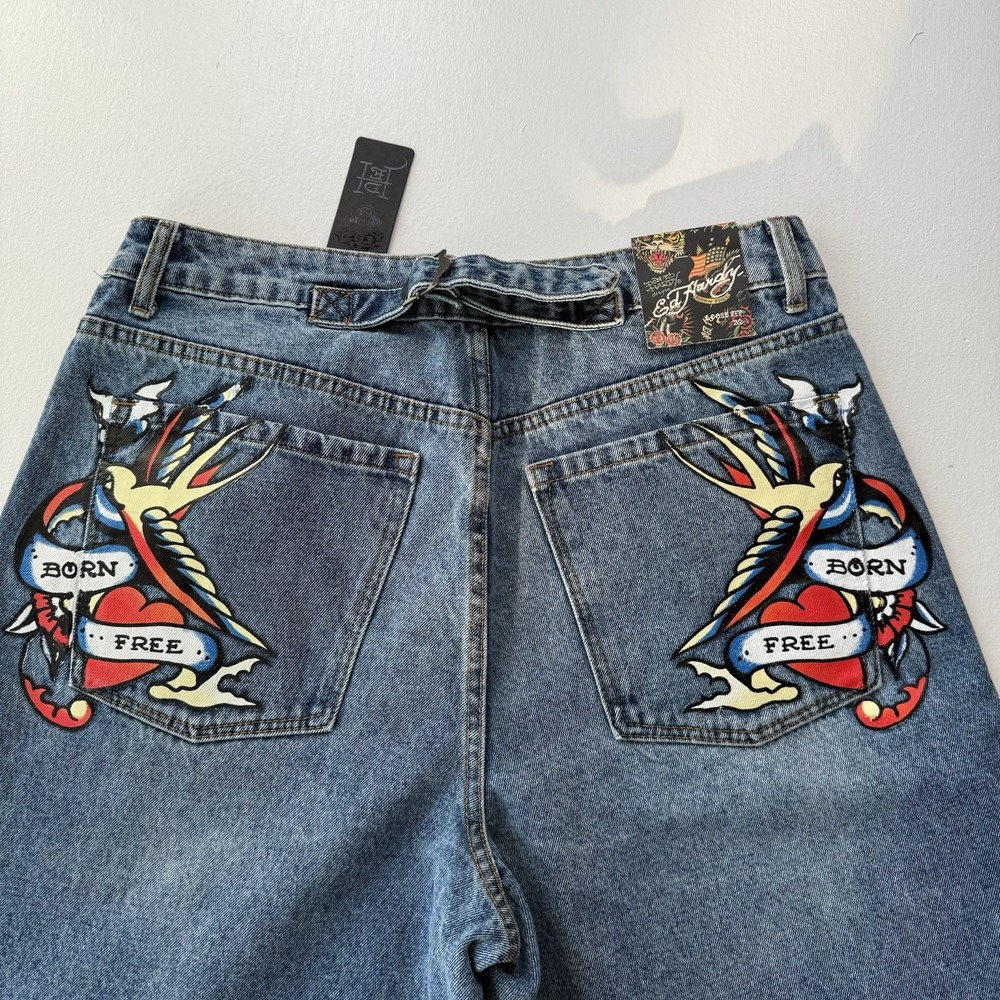 Ed Hardy Jeans Heart Women's Size 32 Wide Leg NWT‎ Retro Y2K Pants